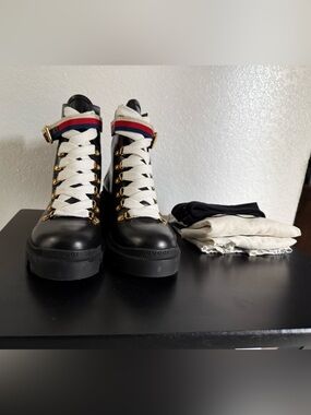 Gucci Black Combat Boots with Gold and Red Accents